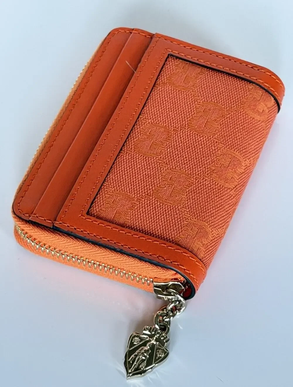 Gucci GG Print Bright Orange Zip Around Leather/Canvas Card Case Wallet IT NIB